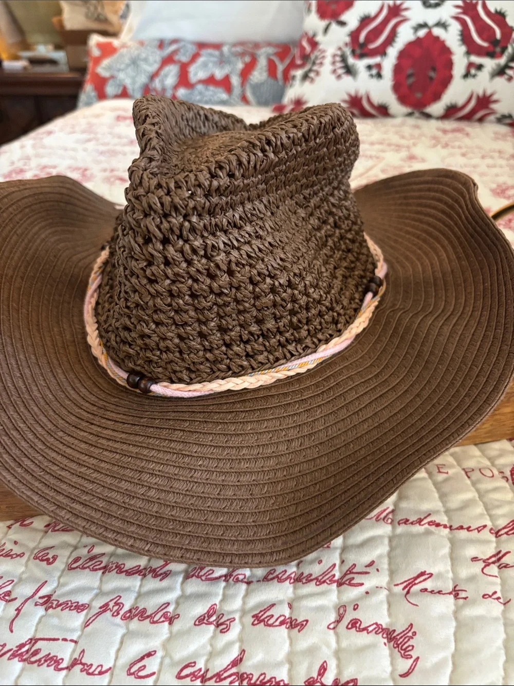 NWT Vince Camuto Brown Braided Straw Bucket Hat with Pink Beaded Accent Band